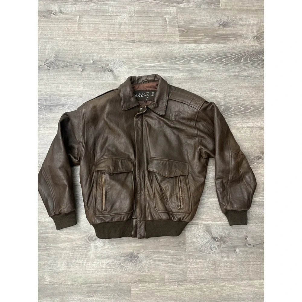 Vintage 80's Winlit Fly Boys Mens Brown Bomber Leather Flight Jacket Size Large